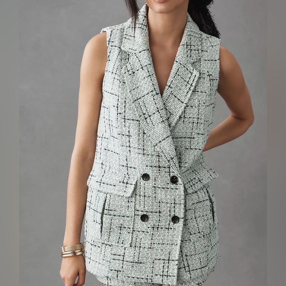 Anthropology Maeve Green White & Black Tweed Sleeveless Blazer Vest Sz 4